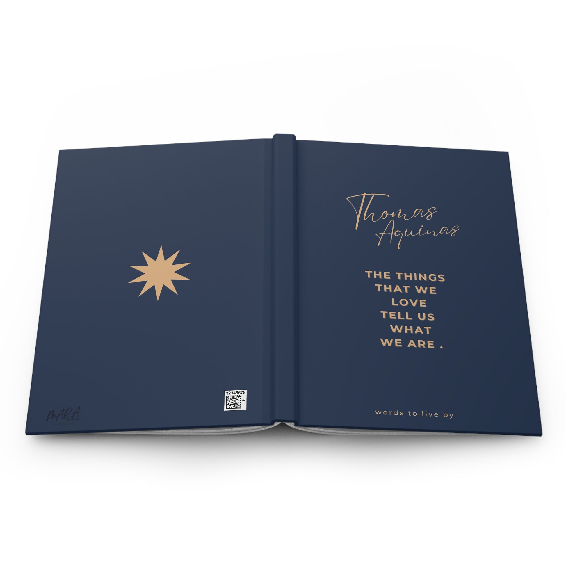 Open book with Thomas Aquinas quote on a white background