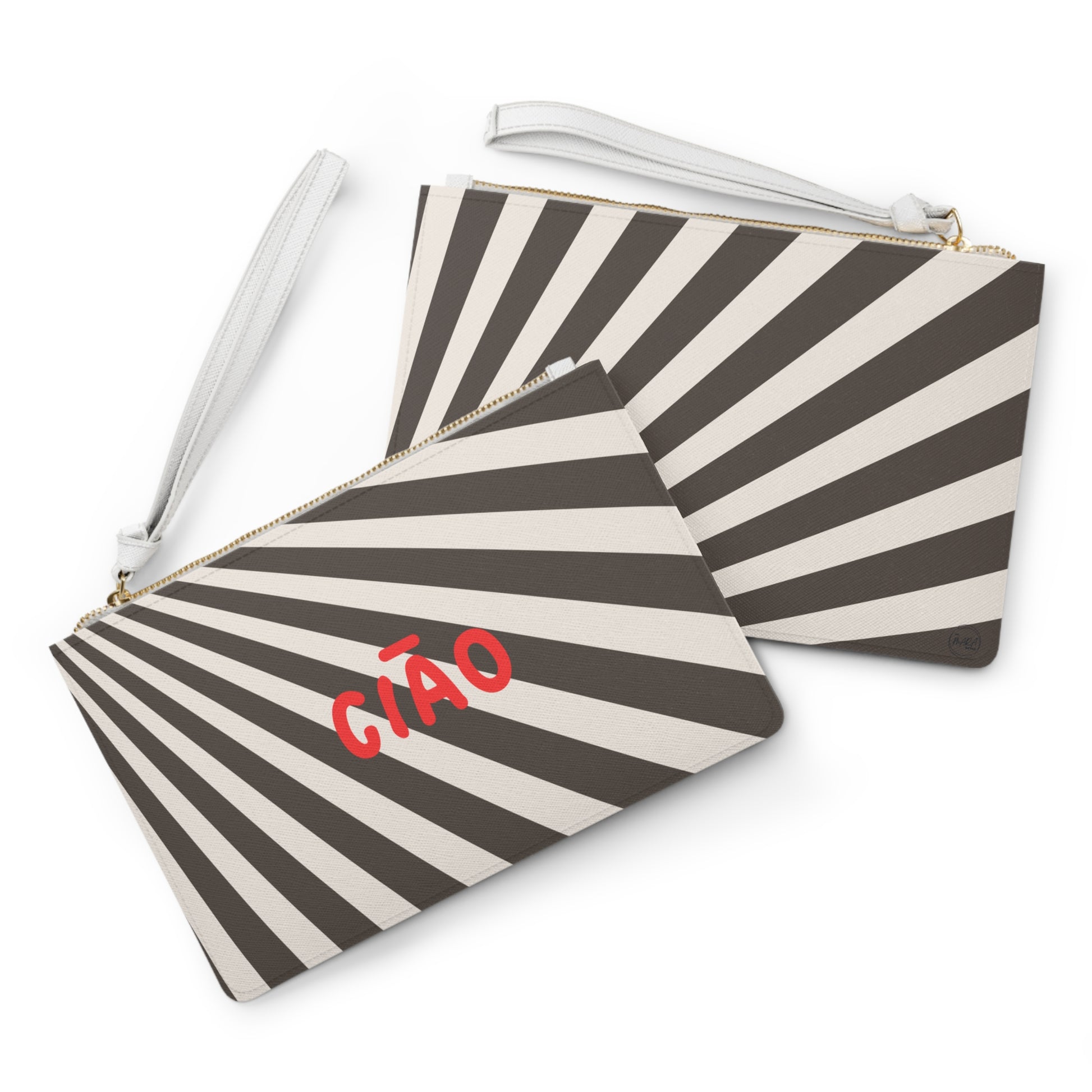 Two striped pouches with a white interior on a white background