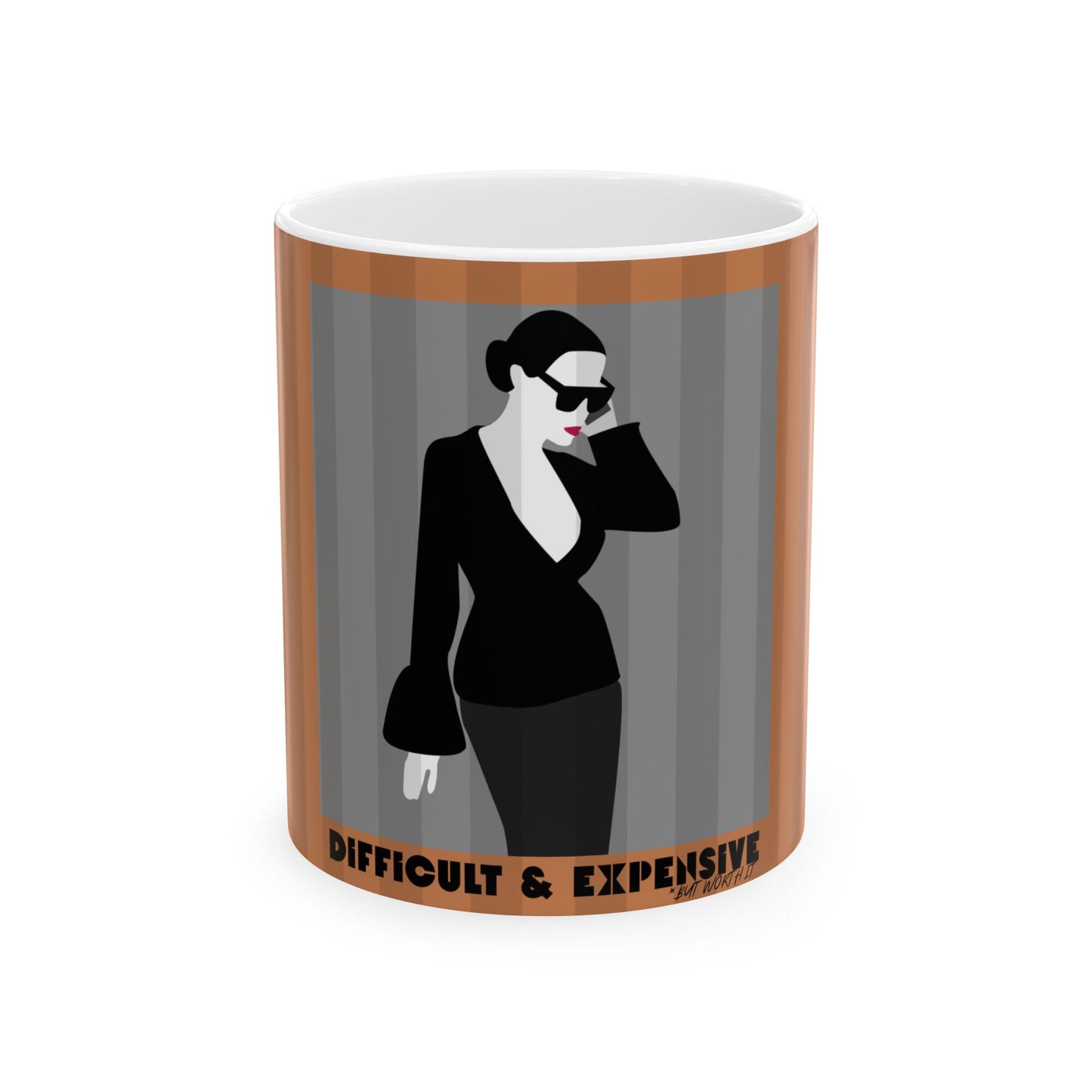 A white ceramic mug featuring a minimalist graphic of a woman in a black outfit and sunglasses against gray vertical stripes, framed by brown borders, with the text 'DIFFICULT & EXPENSIVE' printed at the bottom.