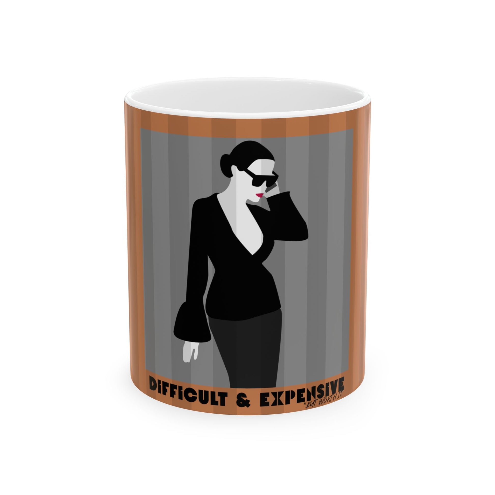 A white ceramic mug featuring a minimalist graphic of a woman in a black outfit and sunglasses against gray vertical stripes, framed by brown borders, with the text 'DIFFICULT & EXPENSIVE' printed at the bottom.