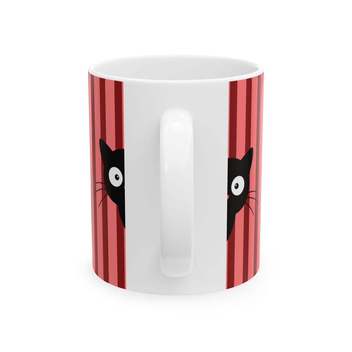 A white ceramic mug featuring a graphic design of two black cats peeking out from red and pink vertical stripes on either side of the handle.