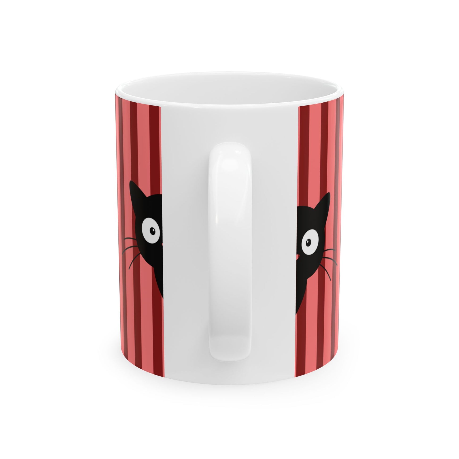 A white ceramic mug featuring a graphic design of two black cats peeking out from red and pink vertical stripes on either side of the handle.
