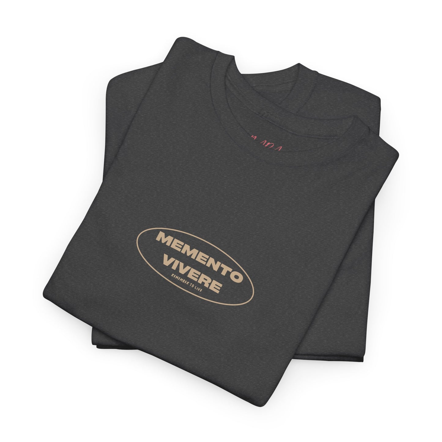 Folded black t-shirt with 'Memento Vivere' logo on a white background