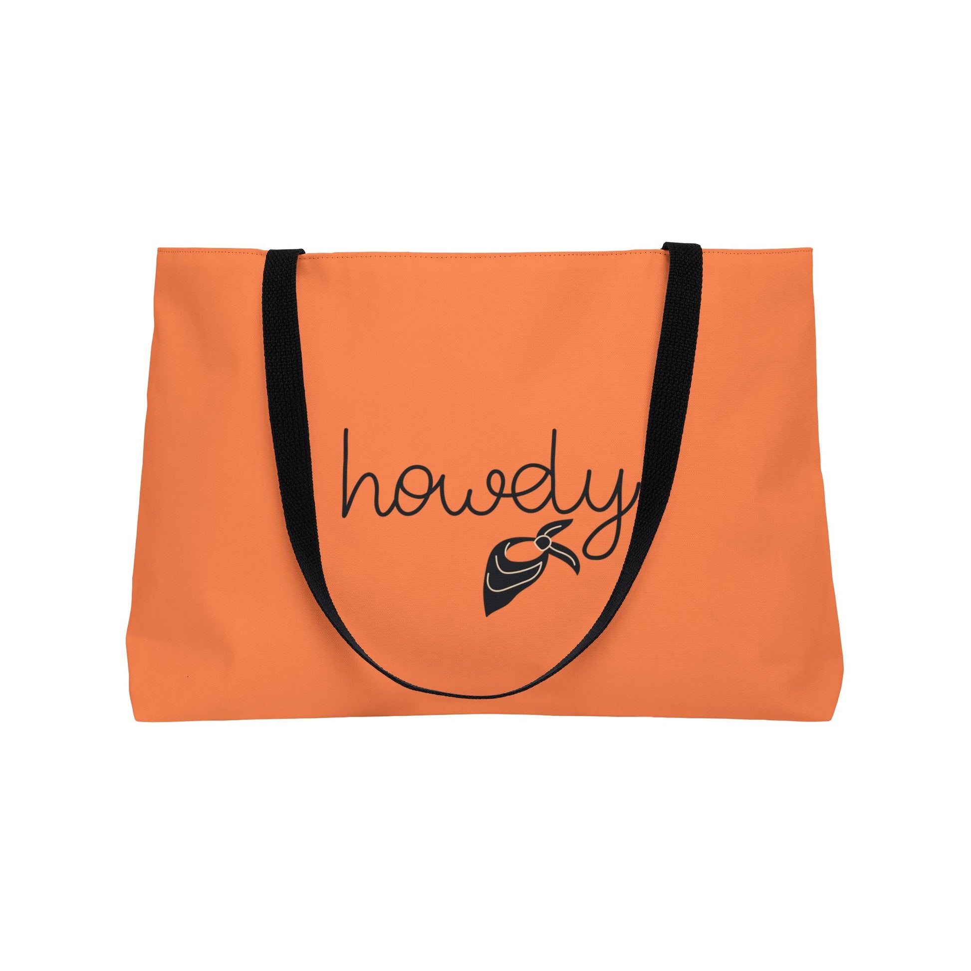Orange tote bag with 'howdy' and fish graphic on a white background