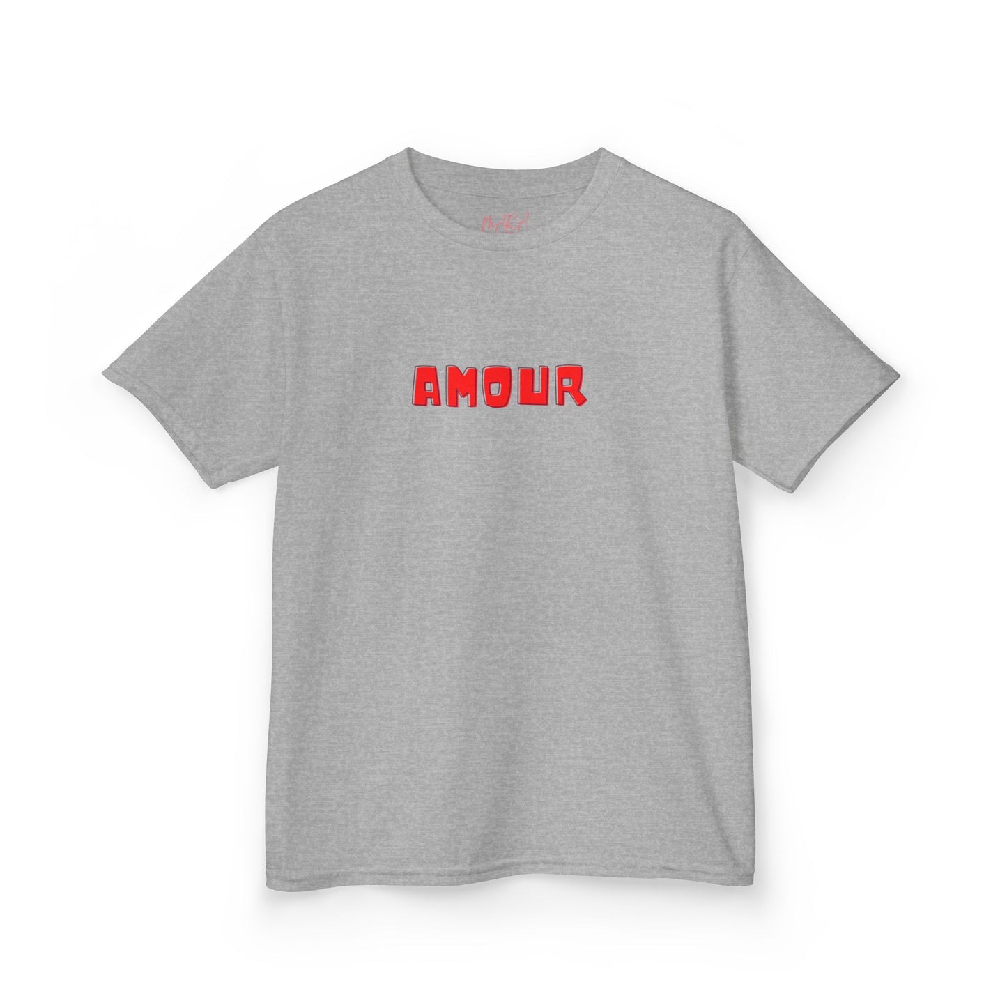 Gray t-shirt with red 'AMOUR' text on a white background