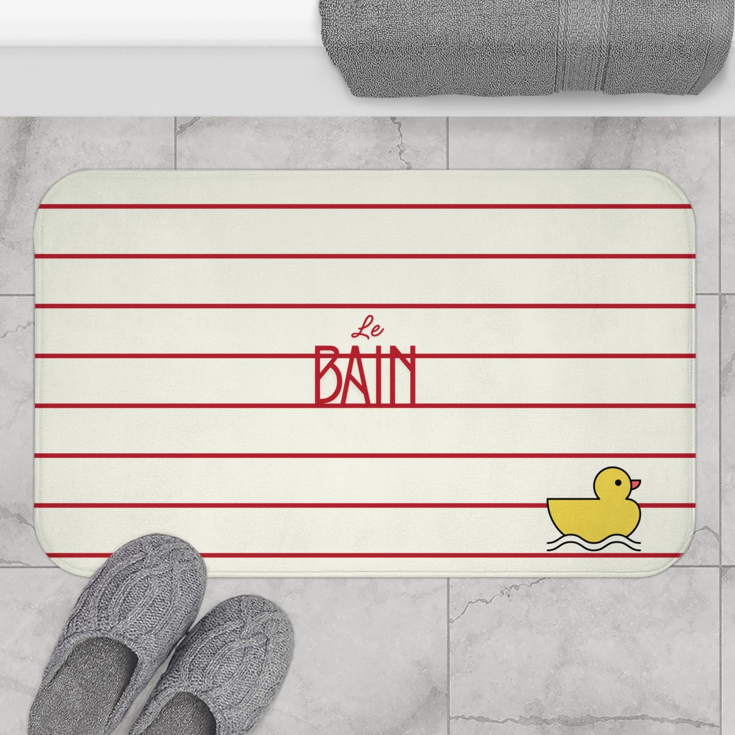 Rubber Duck Bath Mat – Cute 'Le Bain' Red Striped Bathroom Rug for Kids