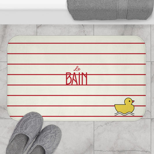Rubber Duck Bath Mat – Cute 'Le Bain' Red Striped Bathroom Rug for Kids