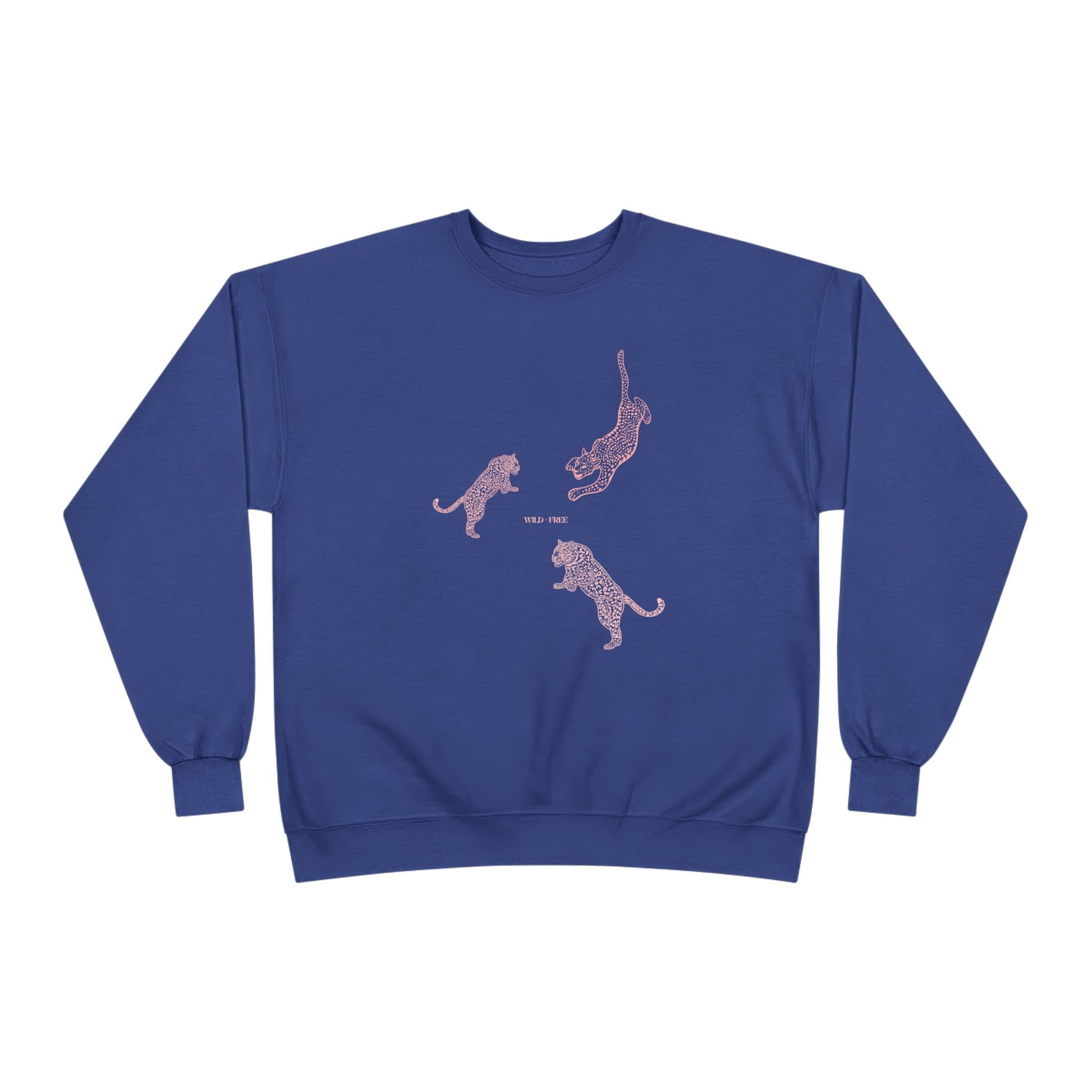 Blue sweatshirt with pink tiger designs on a white background