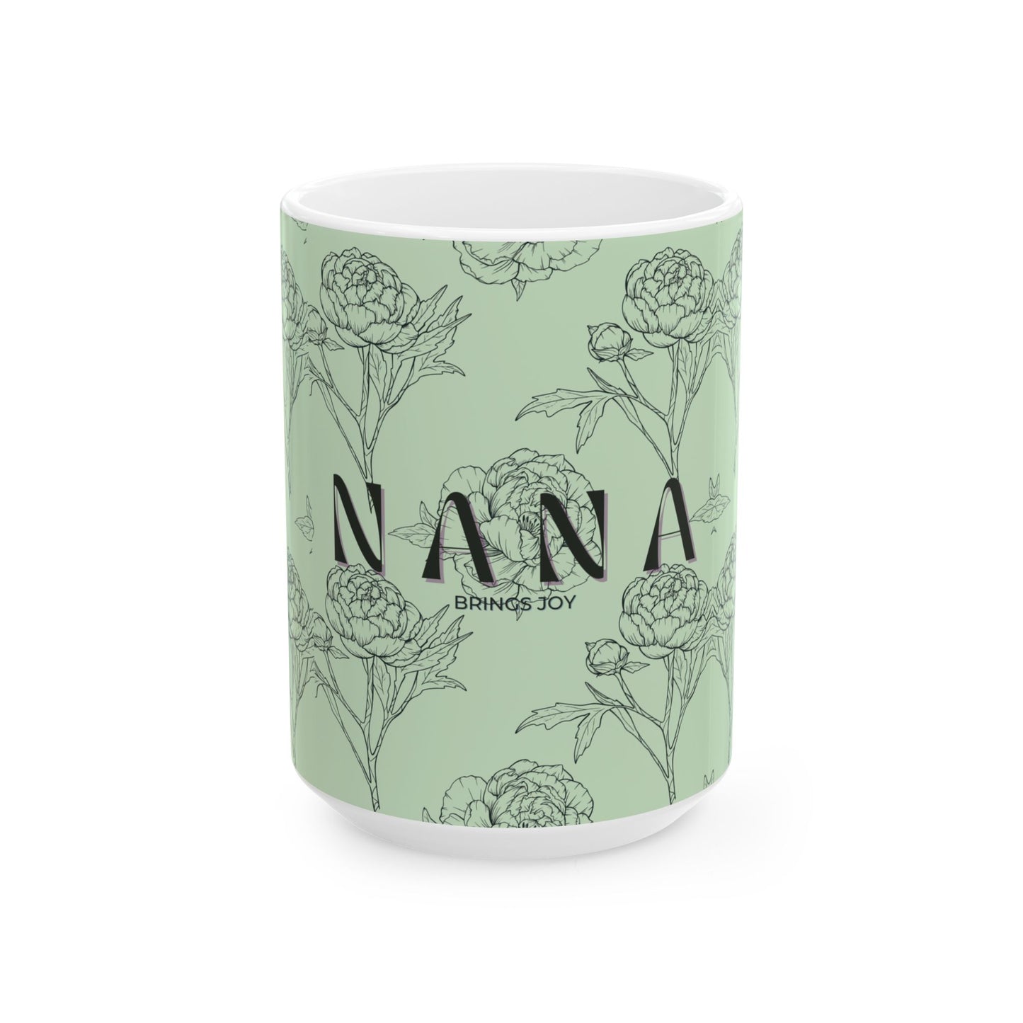 Mug with floral design and 'Nana Brings Joy' text on a light green background