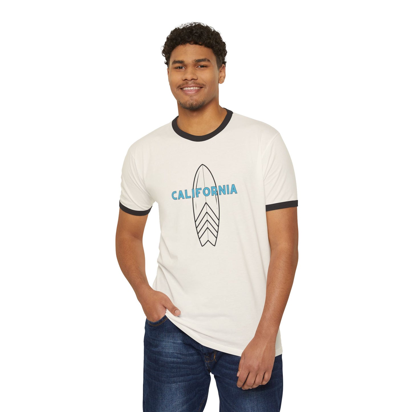 Man wearing a white ringer t-shirt with 'California' and a surfboard graphic on a white background