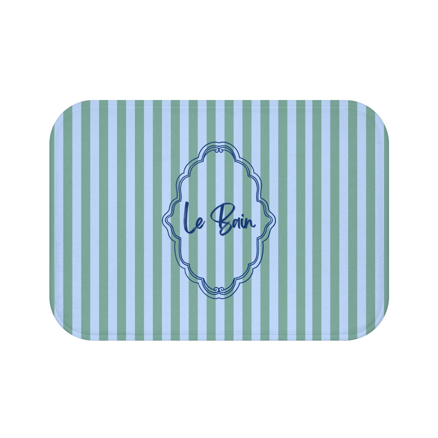 Bath mat with green and blue striped pattern and 'Le Bon' text.
