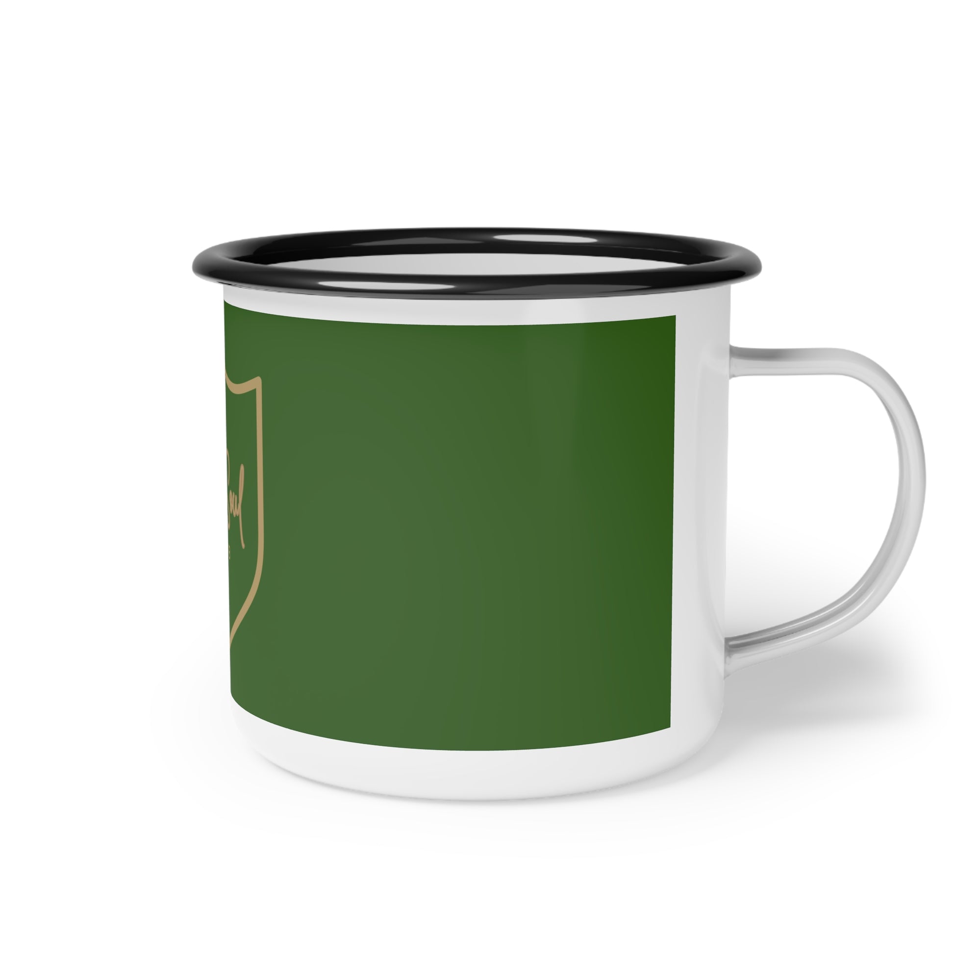 Green enamel mug with a black rim and handle on a white background