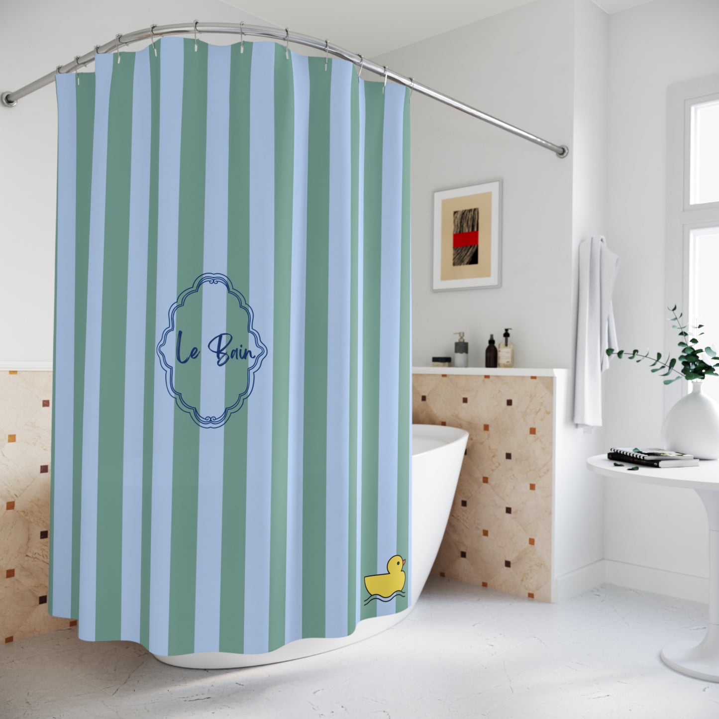 Striped shower curtain with 'Le Bain' text and duck design in a bathroom setting