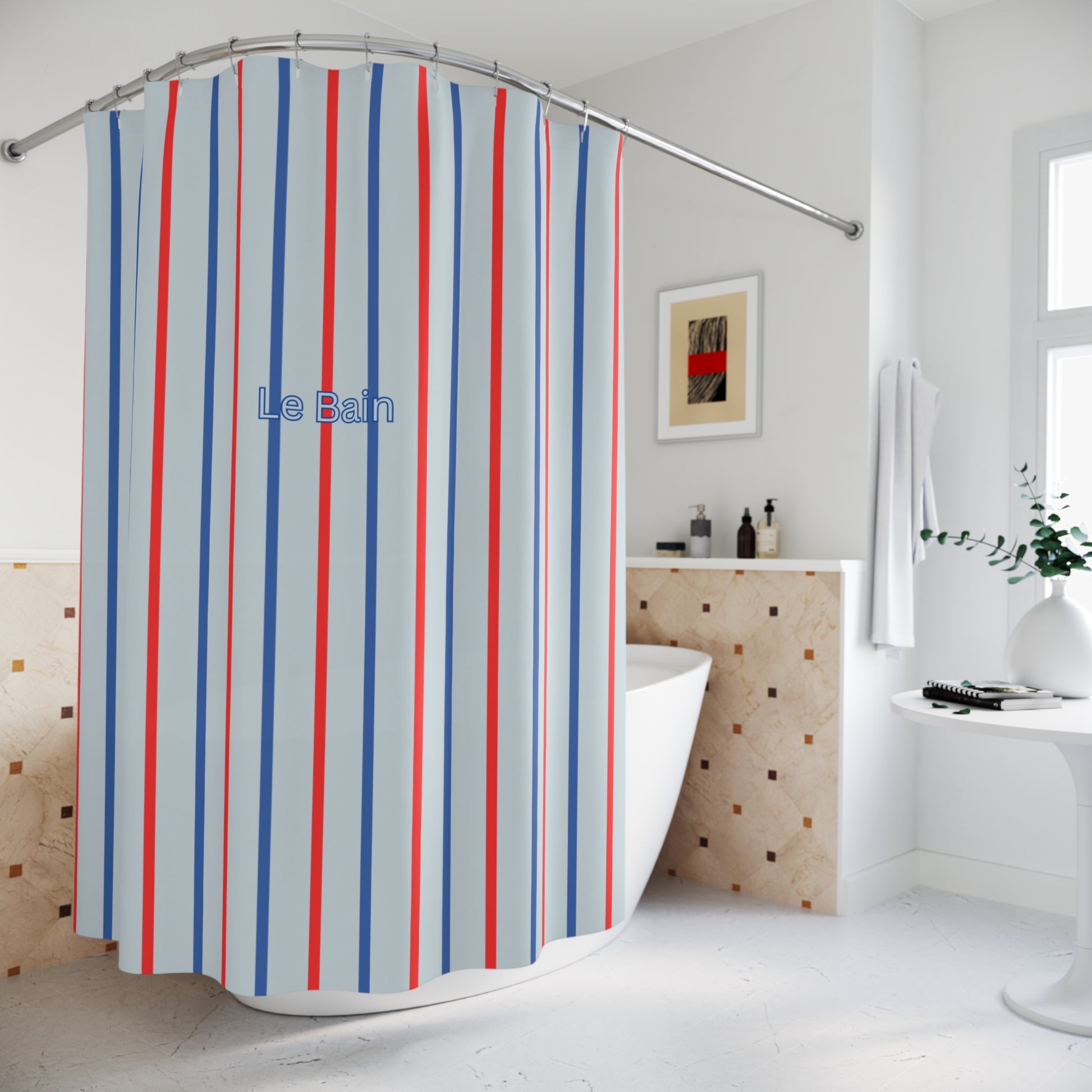 Striped shower curtain with 'Le Bain' branding in a bathroom setting