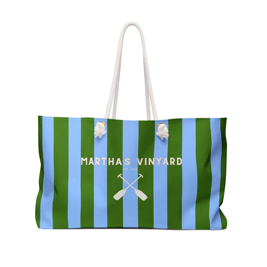 Striped bag with 'Martha's Vineyard' text and oar design on a white background