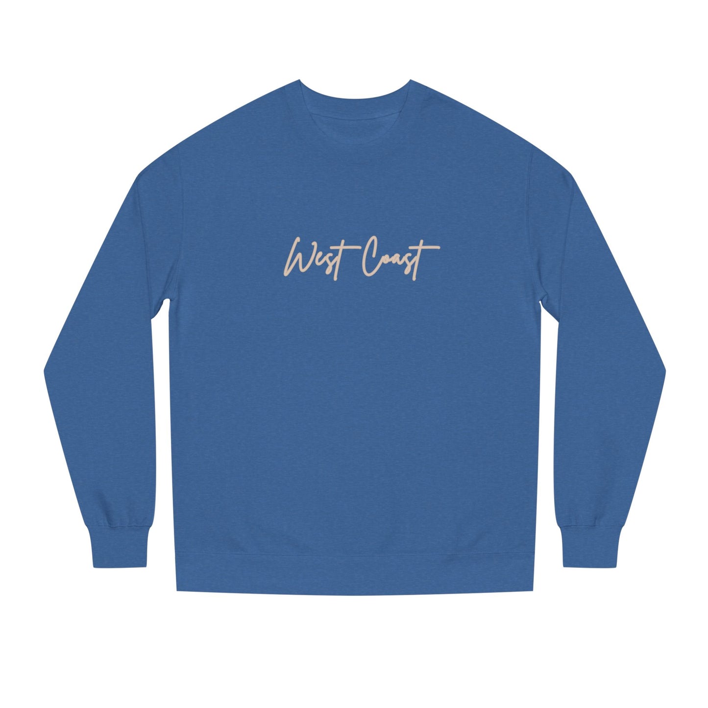 Blue long-sleeve shirt with 'West Coast' text on a white background