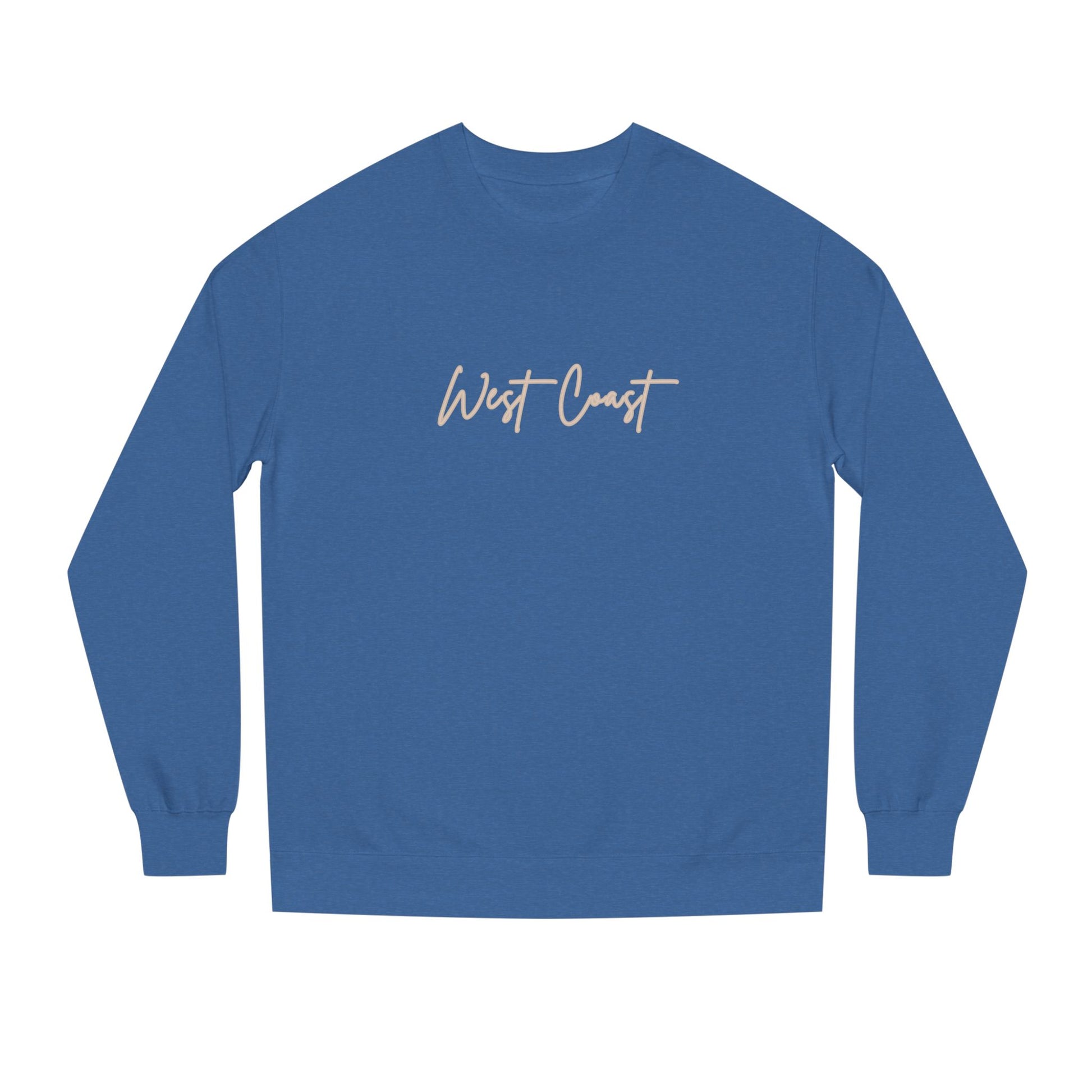 Blue long-sleeve shirt with 'West Coast' text on a white background