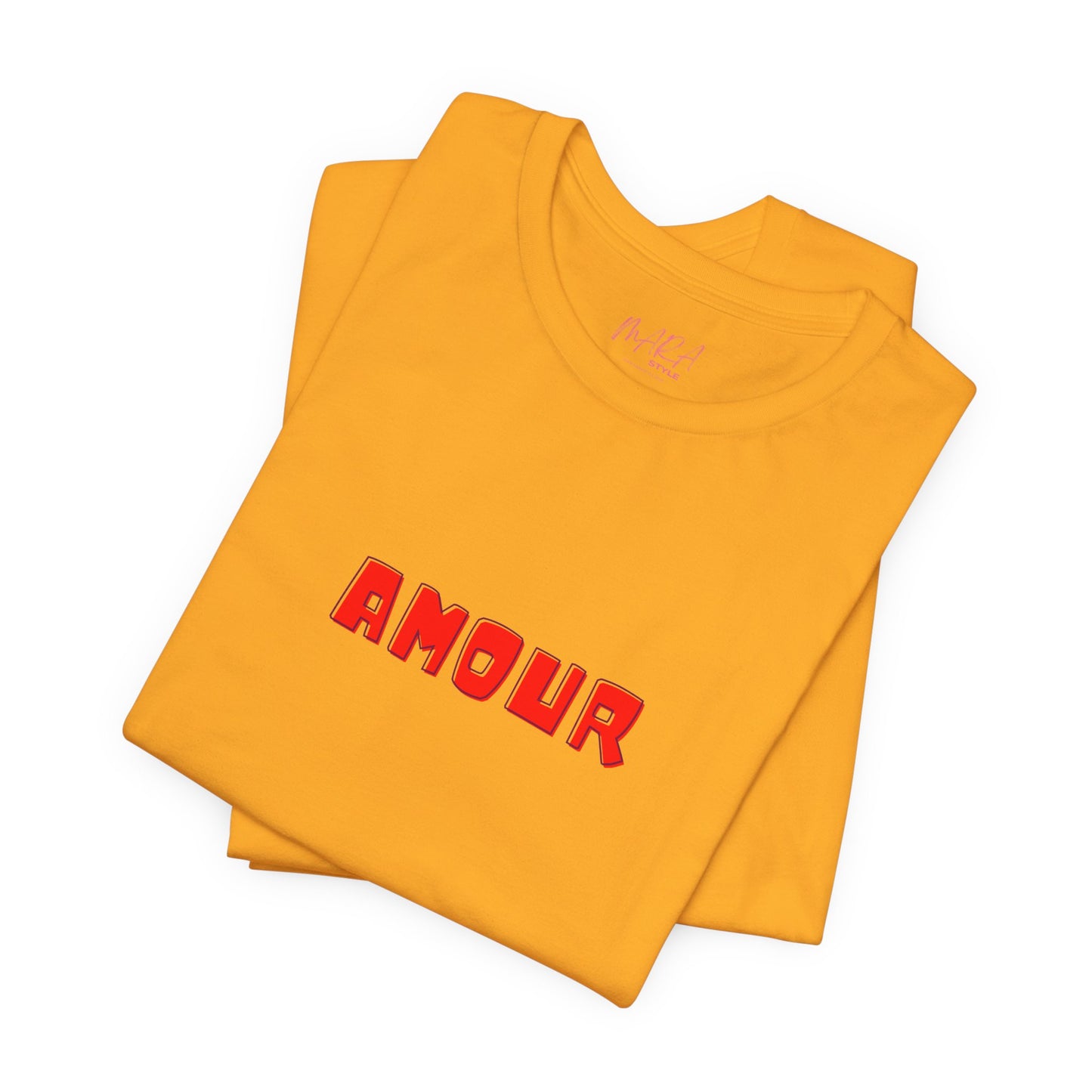 Yellow t-shirt with 'AMOUR' printed in red on a white background