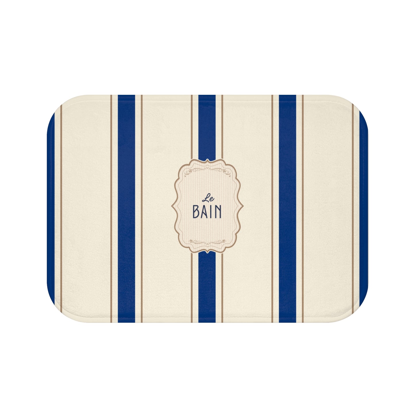 Rectangular bath mat with blue stripes and 'Le Bain' text on a white background