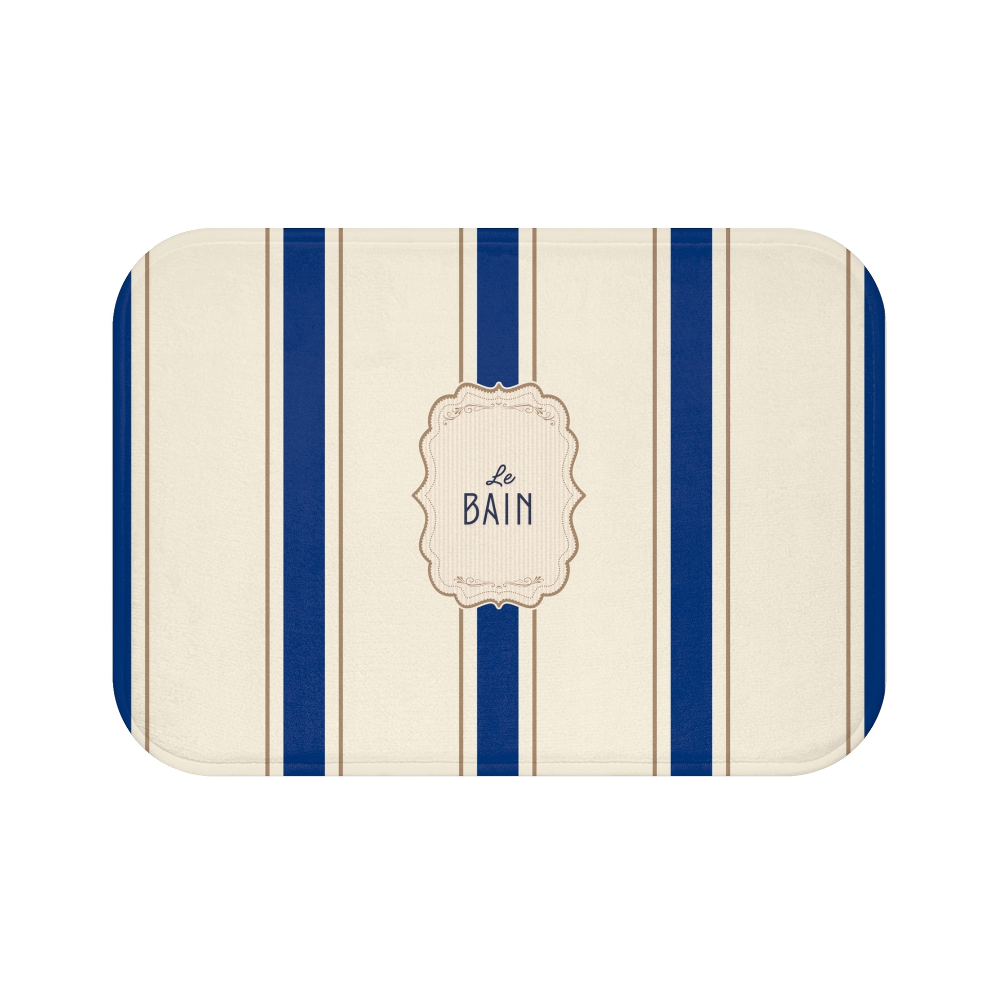 Rectangular bath mat with blue stripes and 'Le Bain' text on a white background