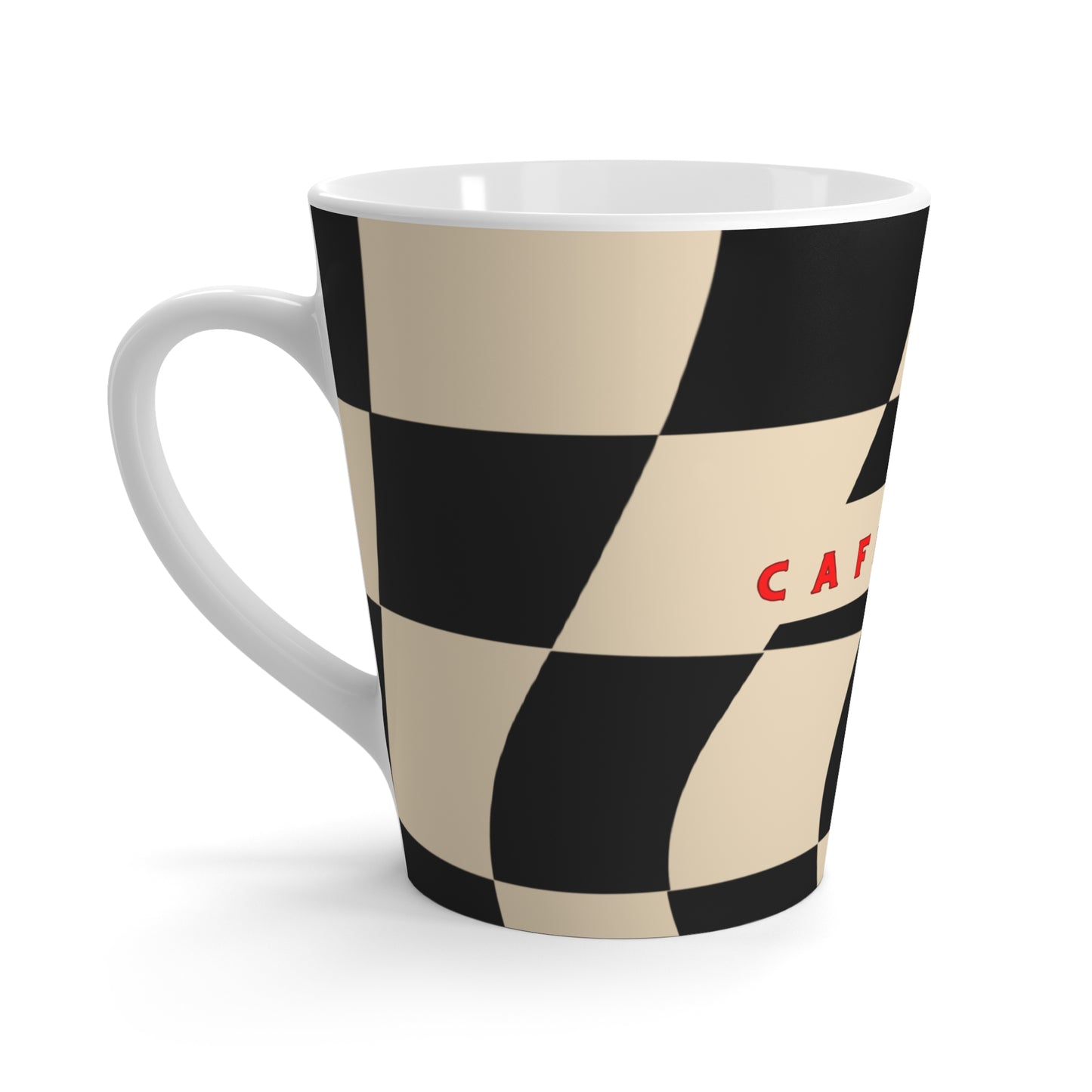 Checkered mug with 'Cafe' text on a white background