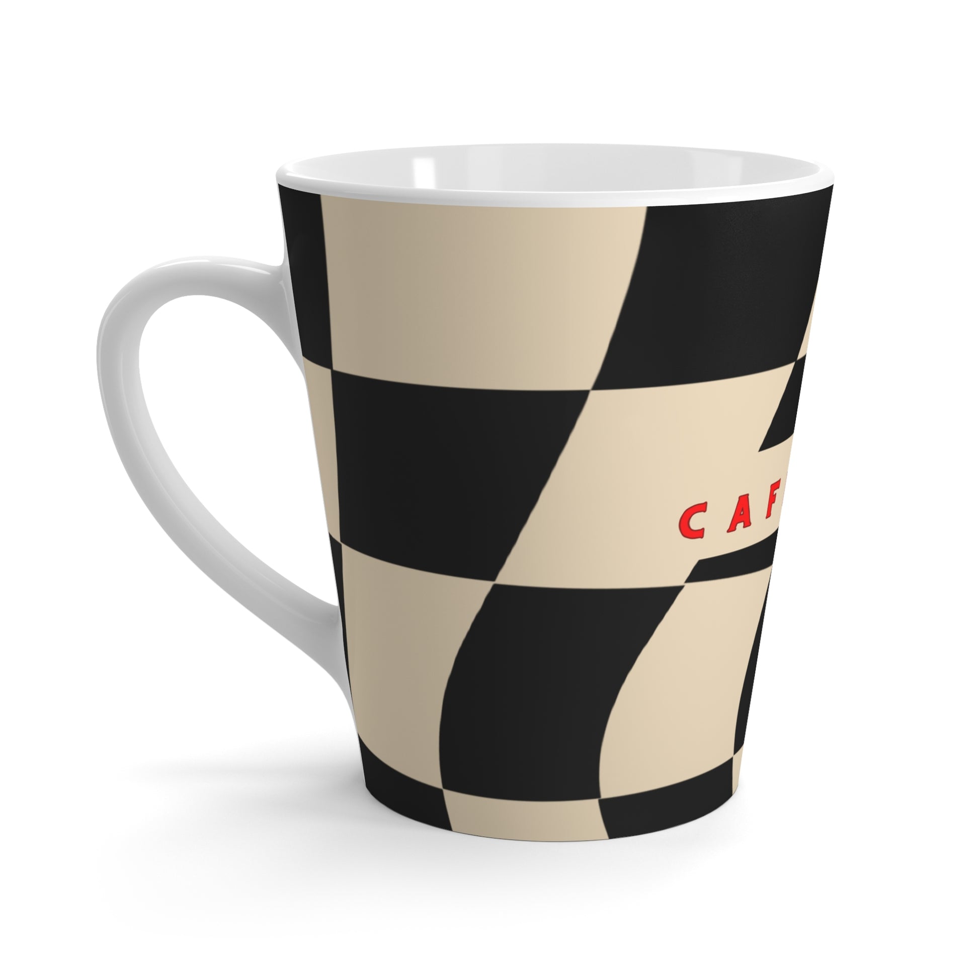 Checkered mug with 'Cafe' text on a white background