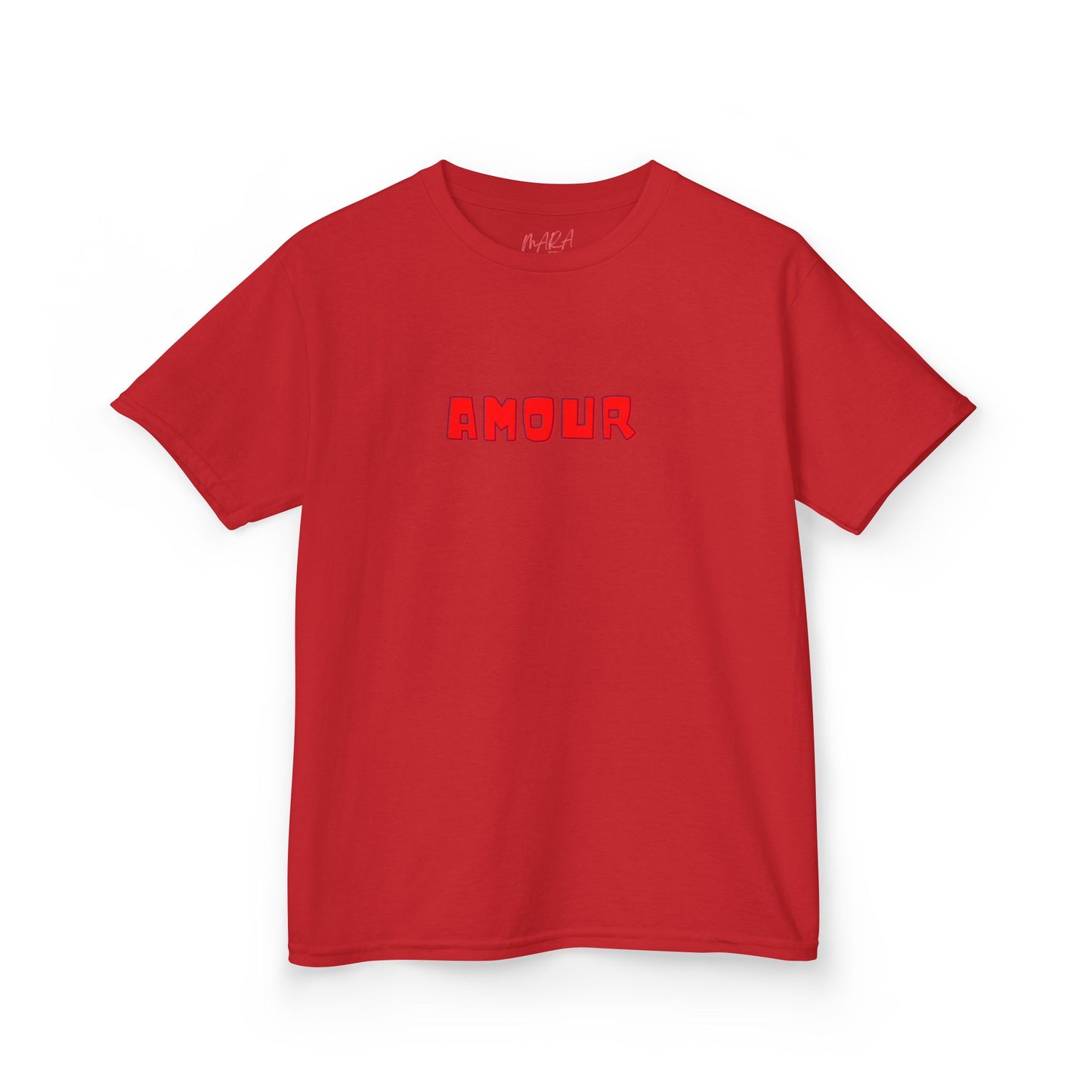 Red t-shirt with 'AMOUR' printed in red on a white background
