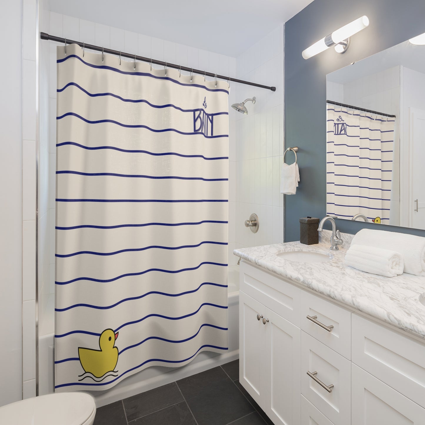 Rubber Duck Striped Shower Curtain — 'Le Bain' Kid's Bathroom Decor
