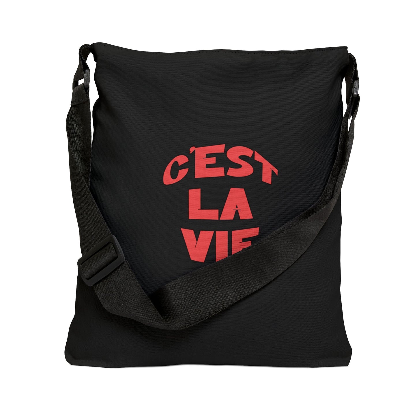 Black shoulder bag with red text 'C'EST LA VIE' on a white background