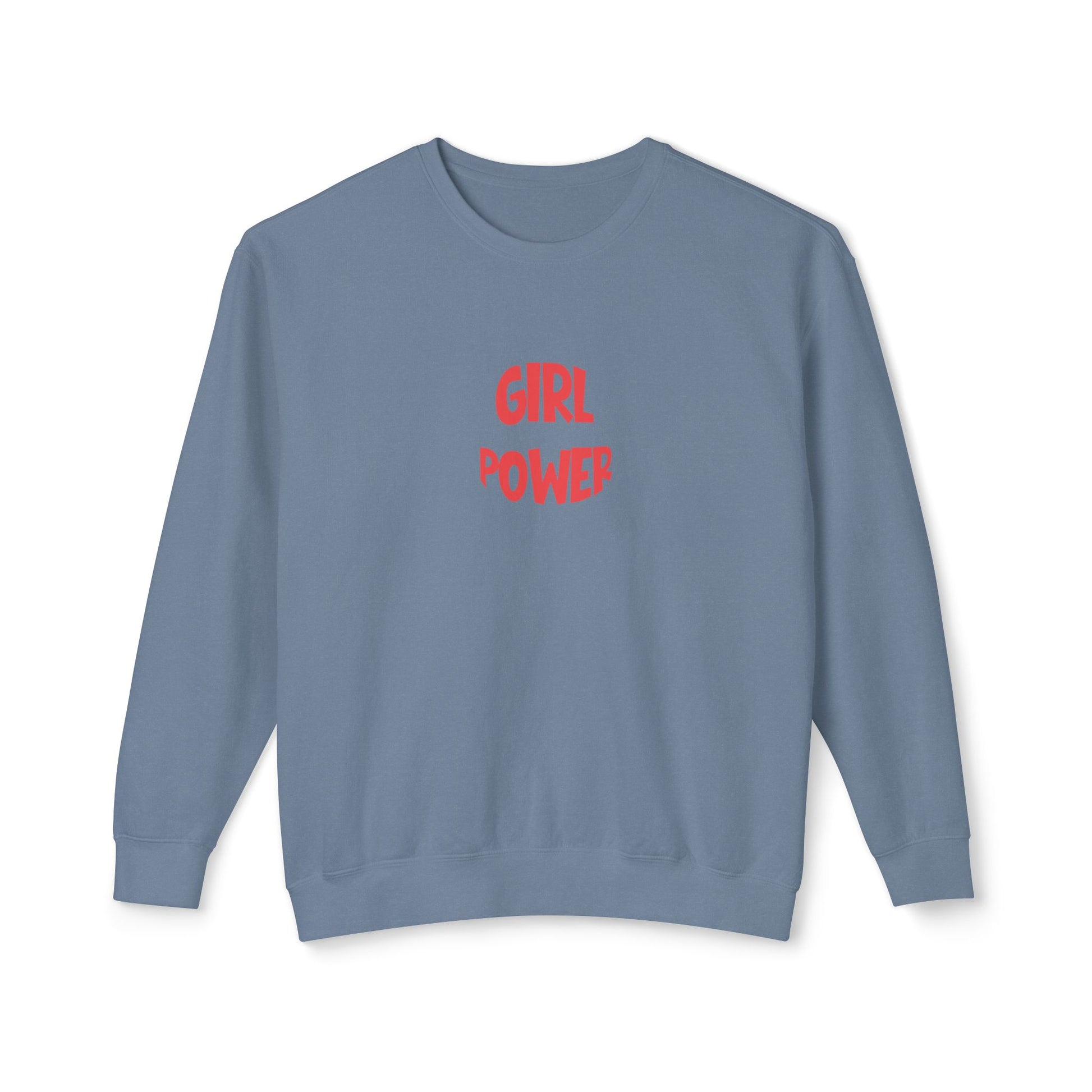 Blue sweatshirt with 'Girl Power' text on a white background
