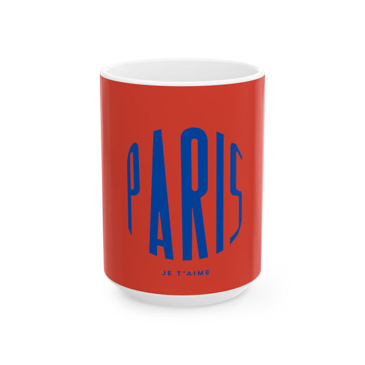 Red mug with blue 'PARIS' text on a white background