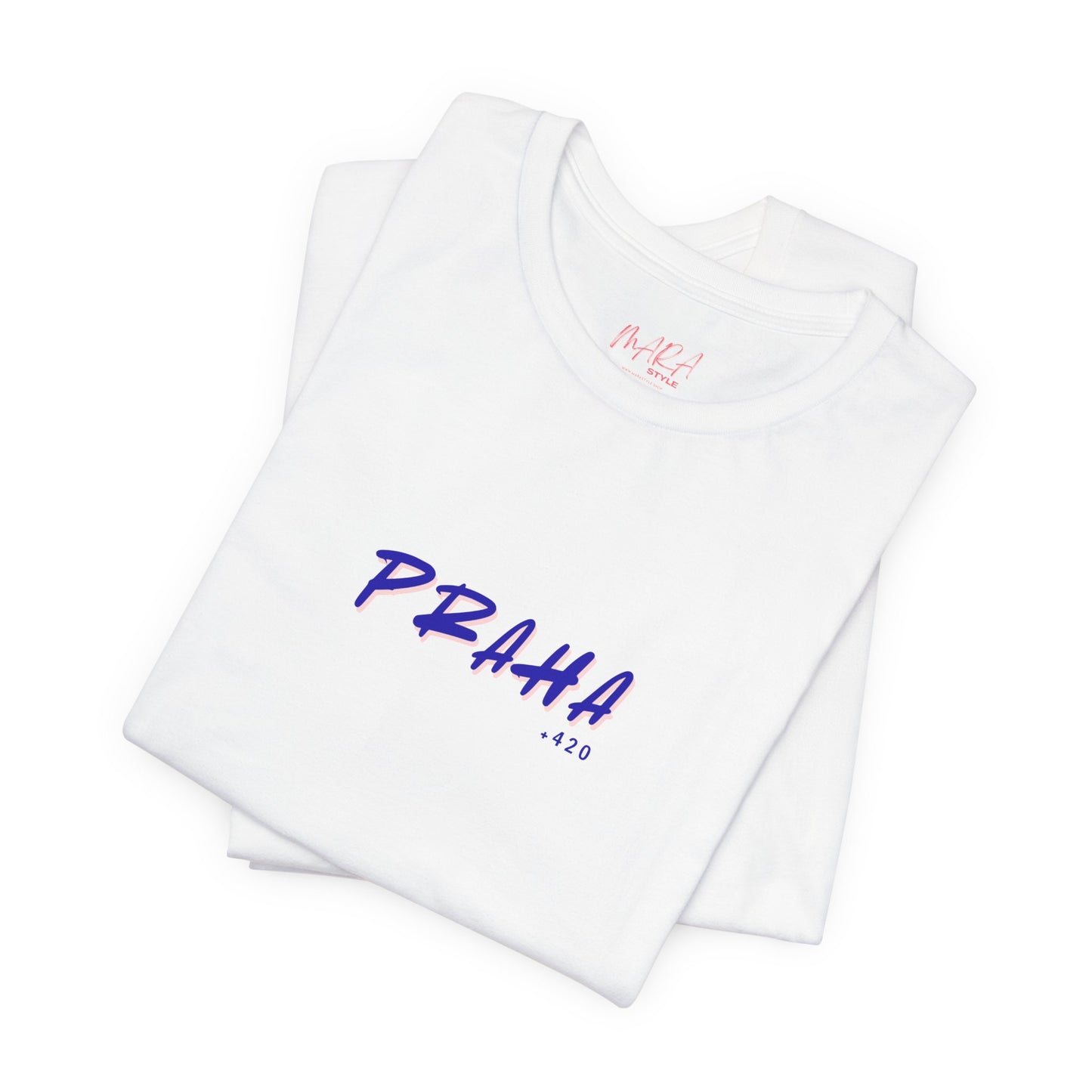 White t-shirt with 'PRAHA 1420' printed in purple on a white background