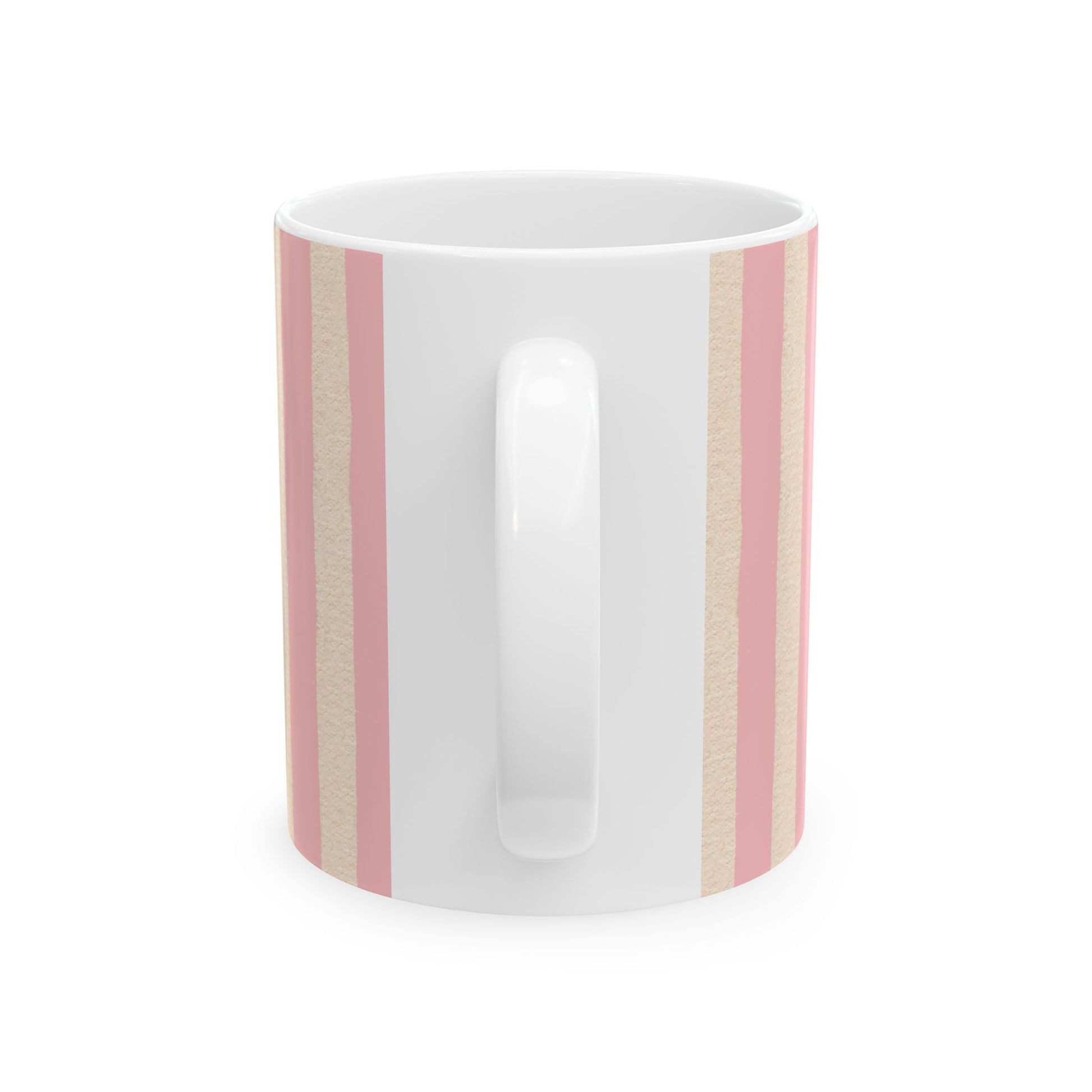 White mug with pink and beige stripes on a white background
