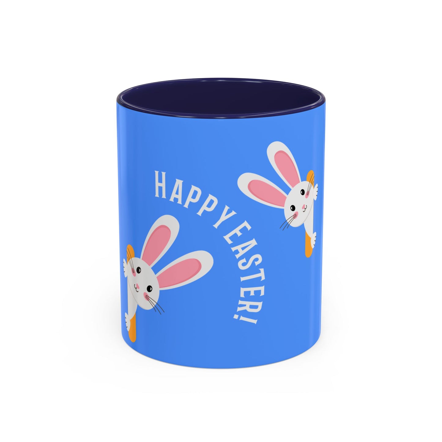 Blue mug with 'Happy Easter!' text and bunny illustrations on a white background
