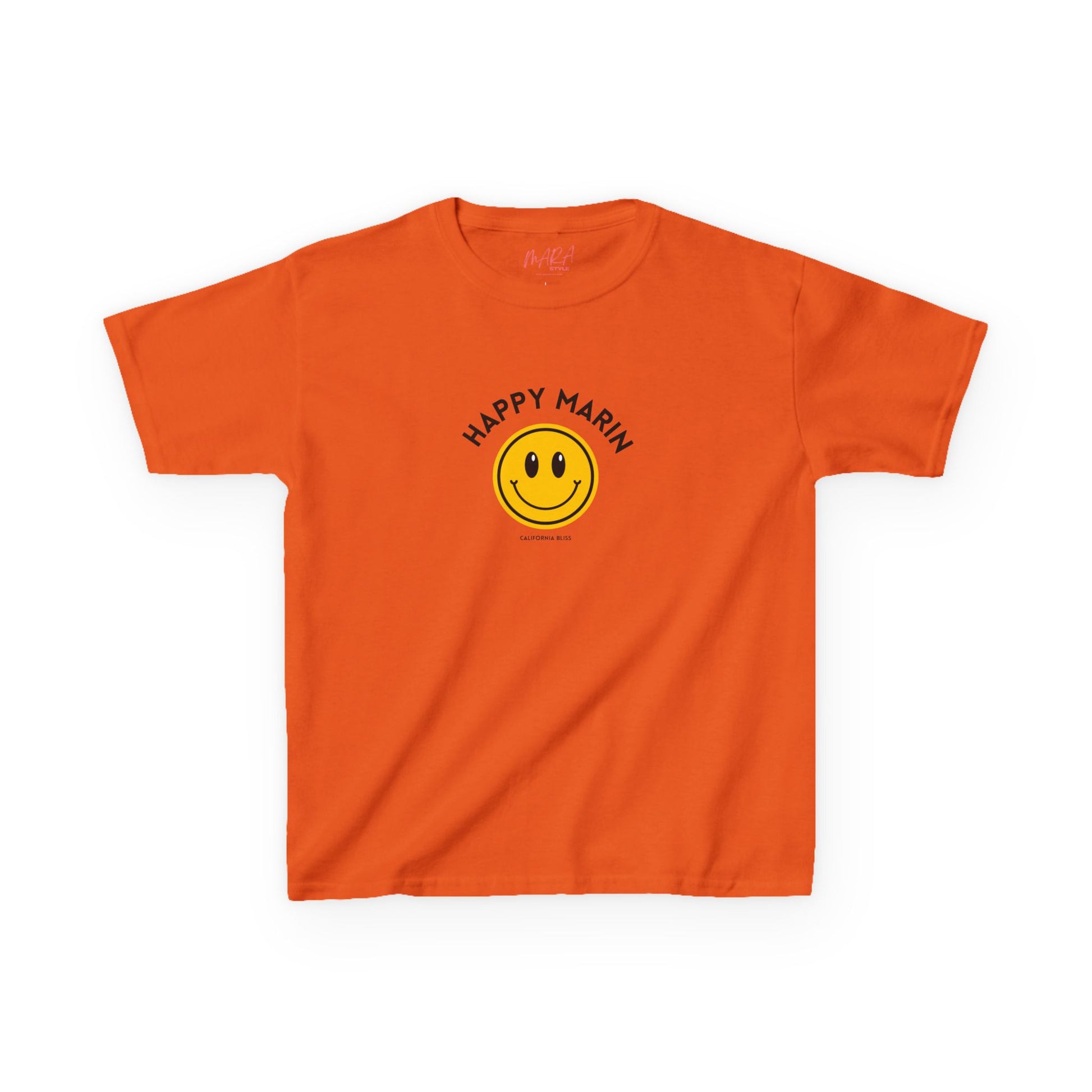 Orange t-shirt with a smiley face and 'Happy Marin' text on a white background