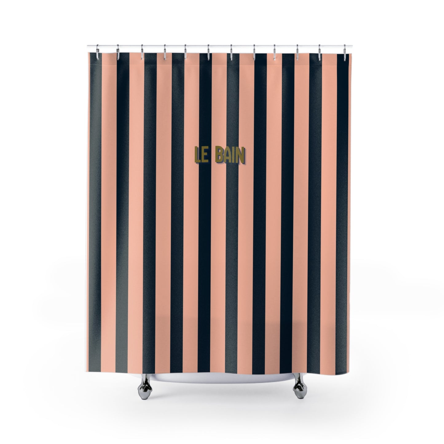 Shower curtain with black and pink vertical stripes and 'LE BAIN' text on a white background
