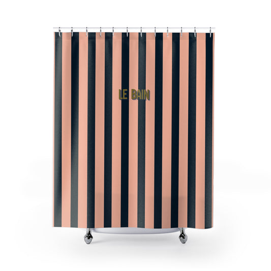 Shower curtain with black and pink vertical stripes and 'LE BAIN' text on a white background