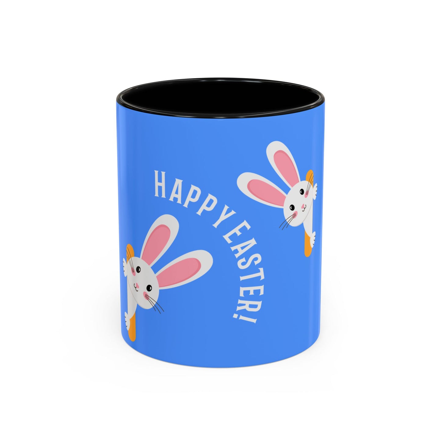 Blue mug with 'Happy Easter!' text and bunny illustrations on a white background