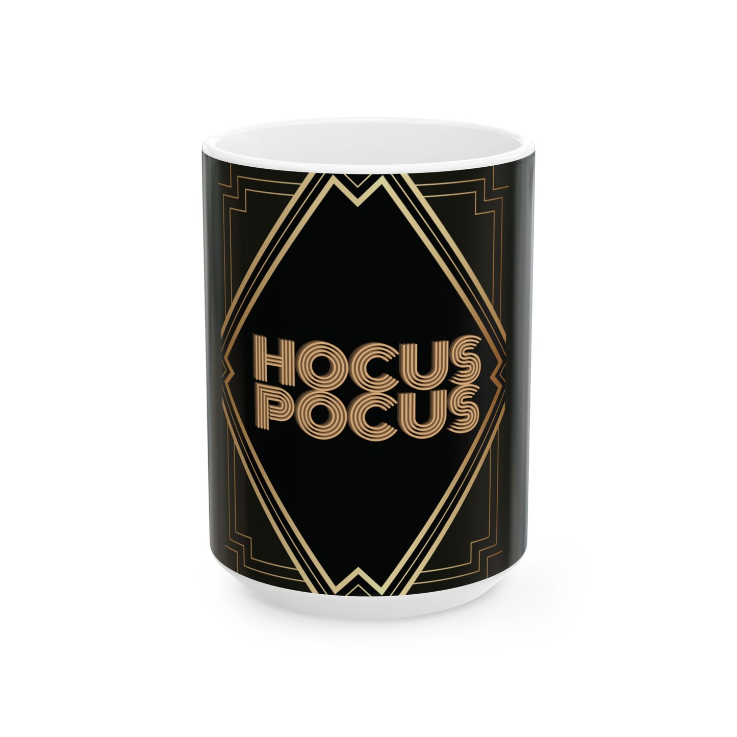 A white ceramic mug featuring a black wrap-around design with gold Art Deco-style geometric lines and the words 'HOCUS POCUS' in a gold outlined font, shown on a clean white background.