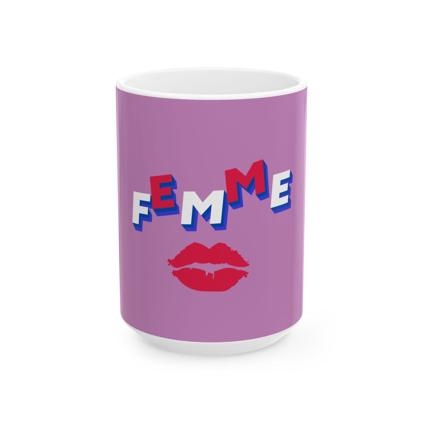Purple mug with 'Femme' text and red lips on a white background