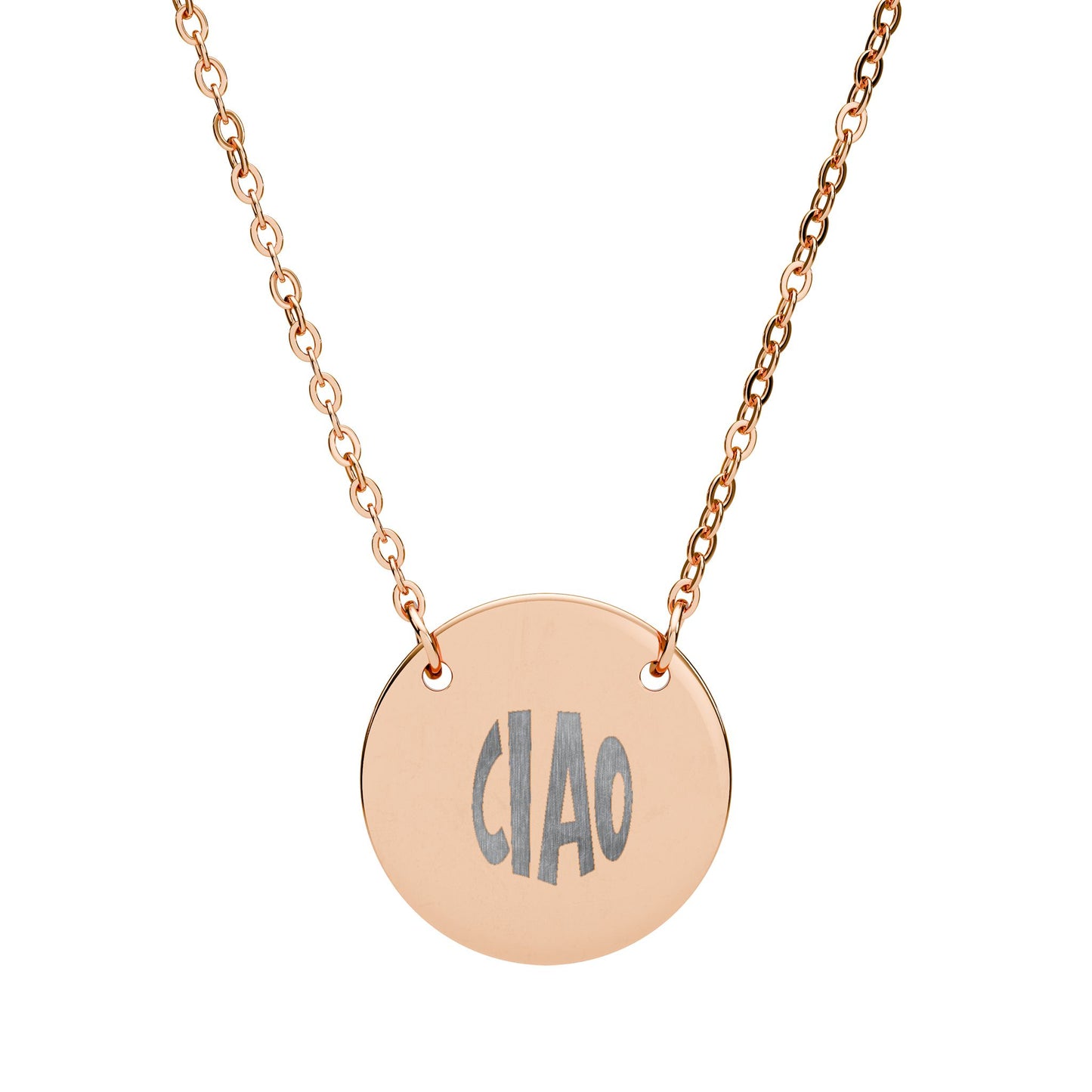 Rose gold necklace with a round pendant engraved with 'CIAO' on a white background