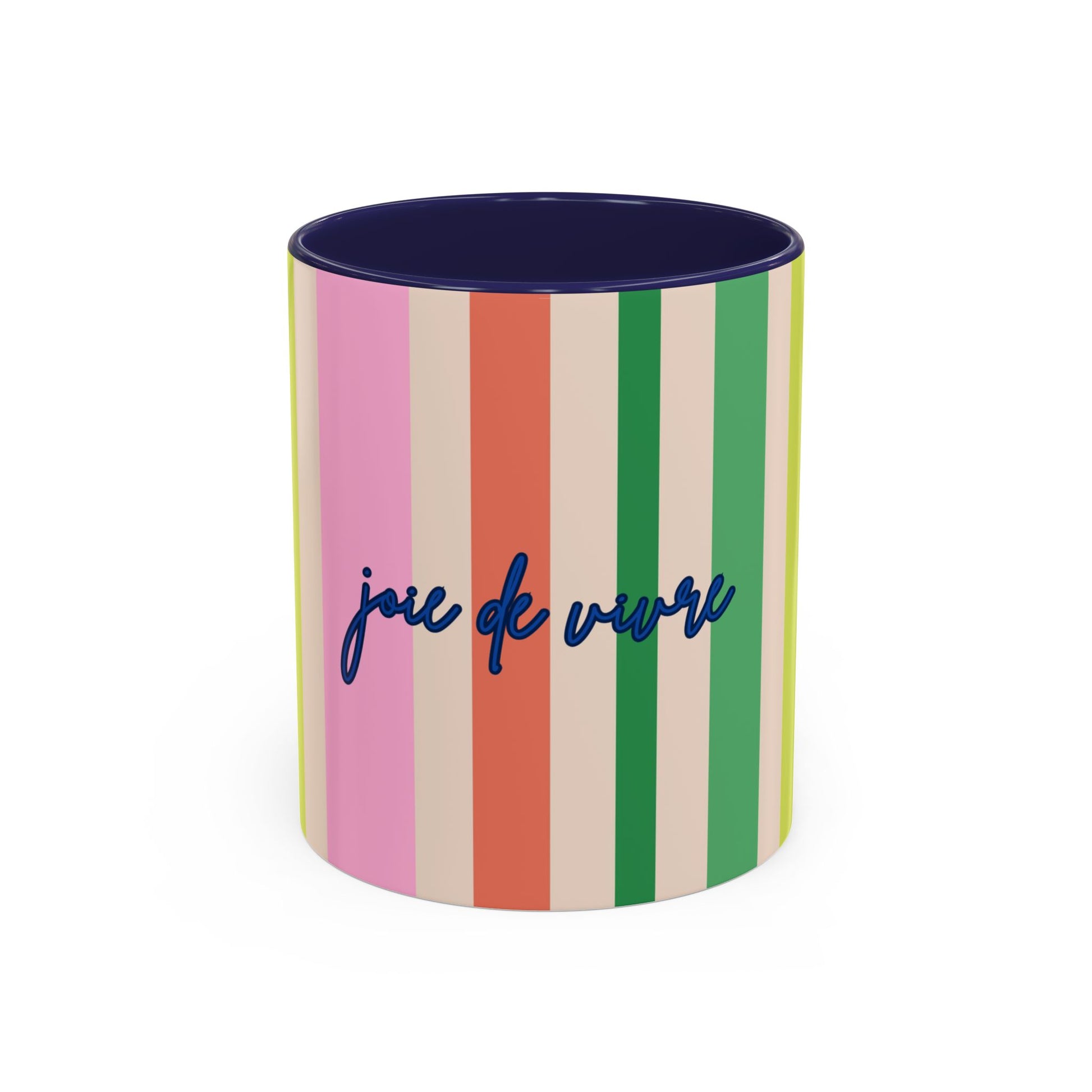 Colorful striped mug with 'joie de vivre' text on a white background