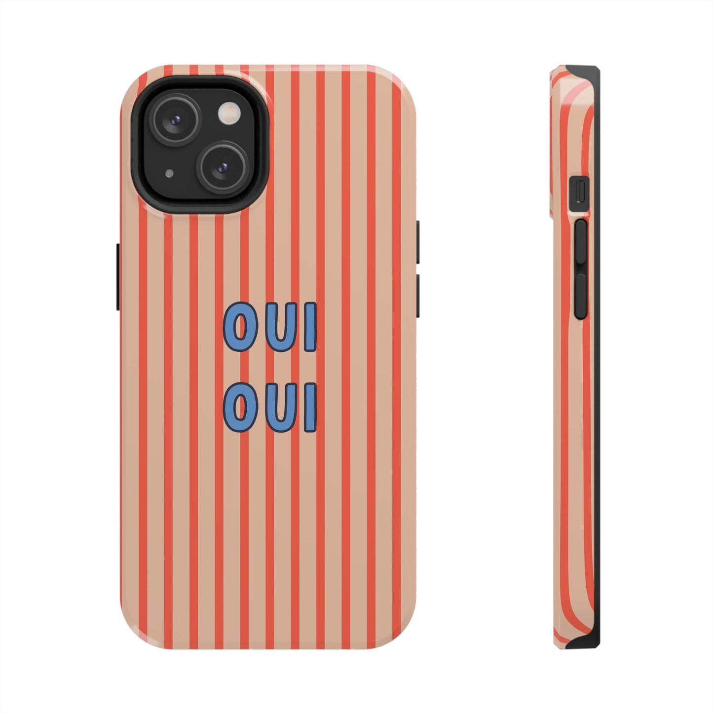 Phone case with red and beige striped pattern and 'OUI OUI' text on a white background