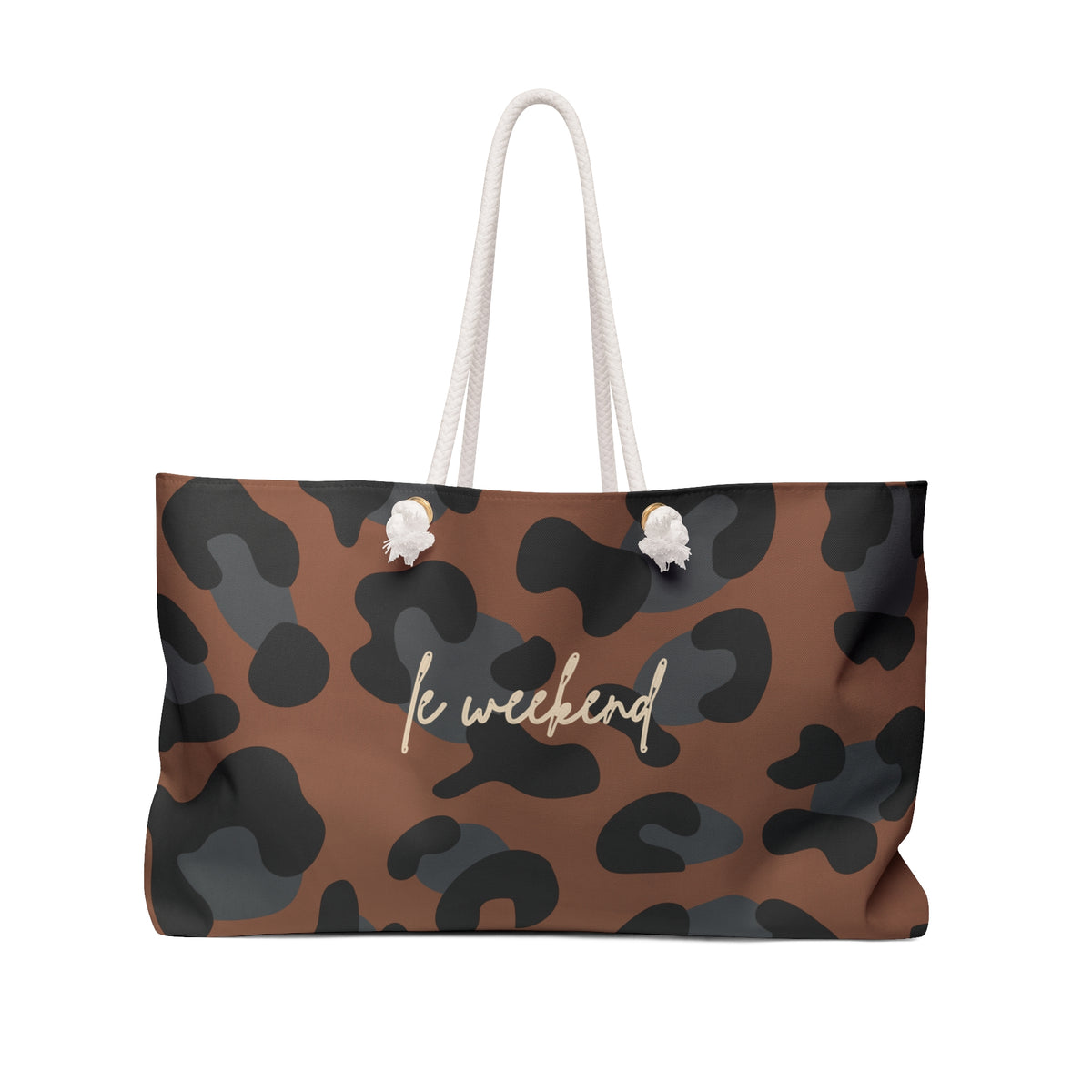 A brown and black leopard print tote bag with white rope handles and the words 'le weekend' printed in white script across the front, shown on a plain white background.