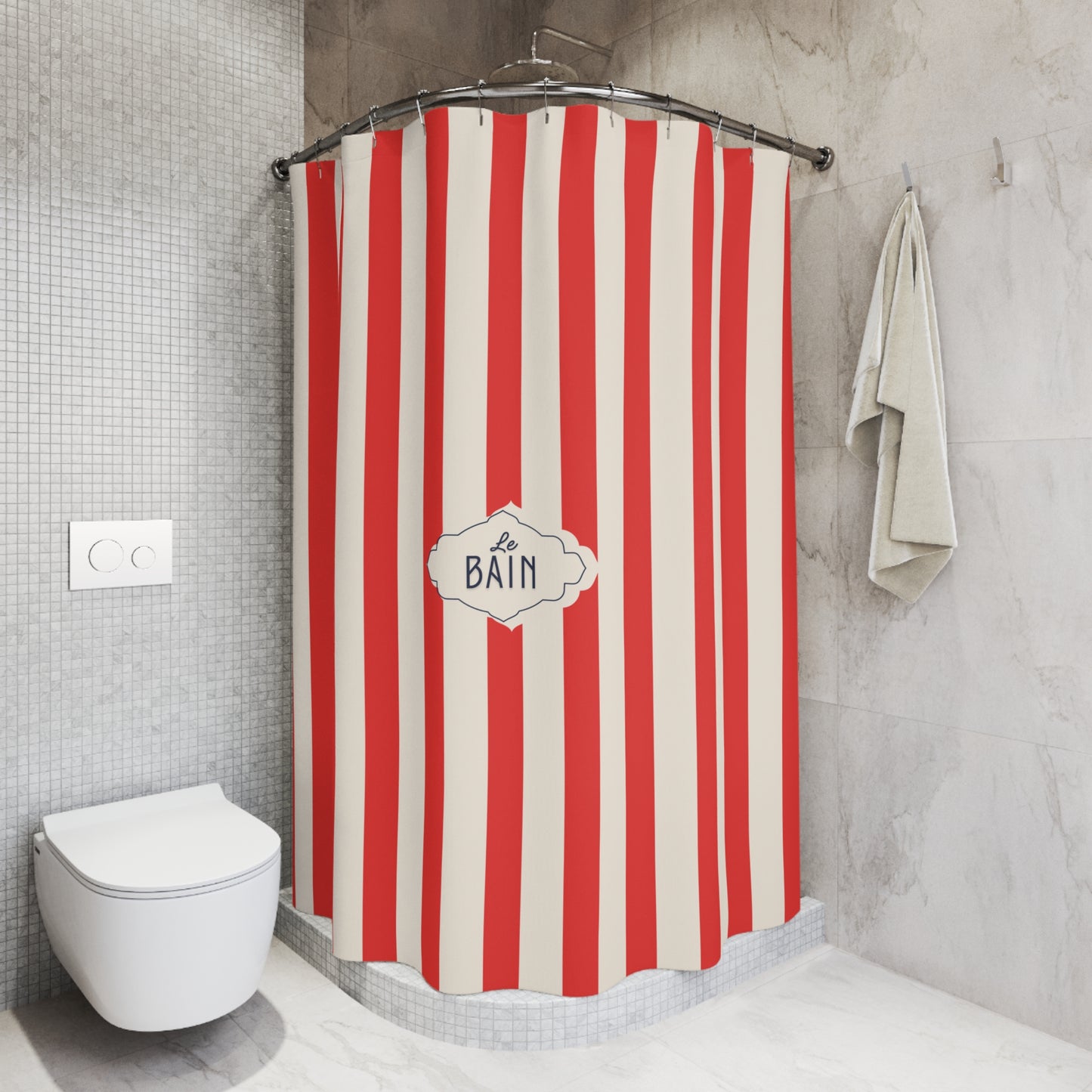 Red and white striped shower curtain with 'La Bébé Bain' text in a bathroom.
