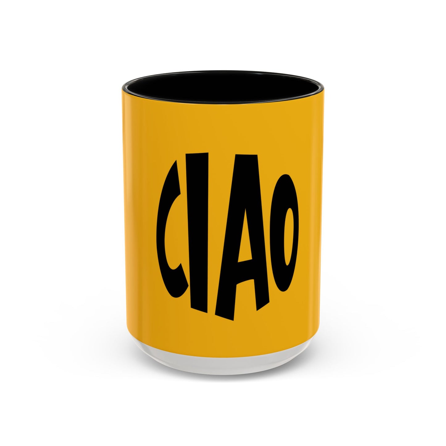 Yellow mug with black interior and 'CIAO' text on a white background