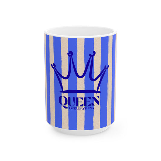 Mug with blue and beige striped pattern and 'Queen of Everything' text on a white background