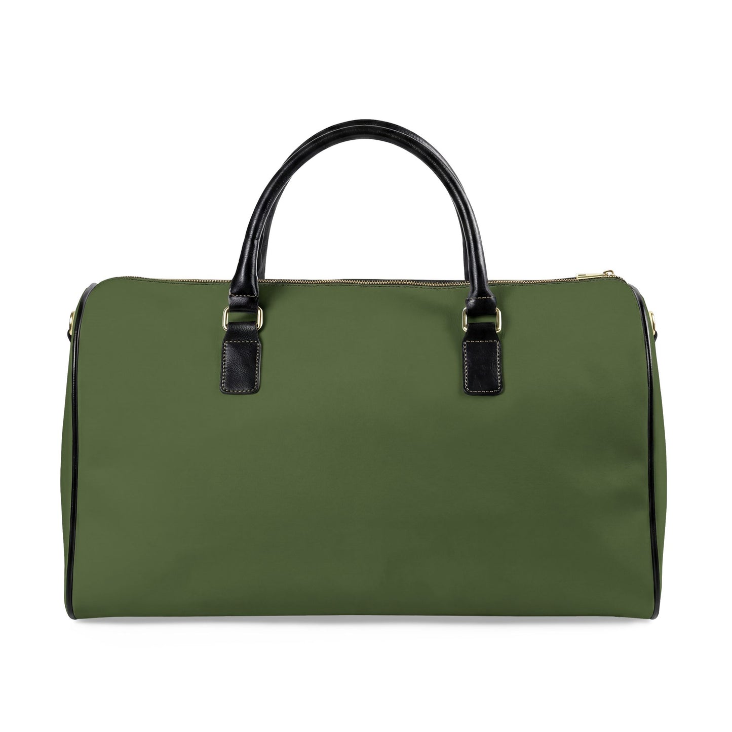 Green duffel bag with black handles on a white background