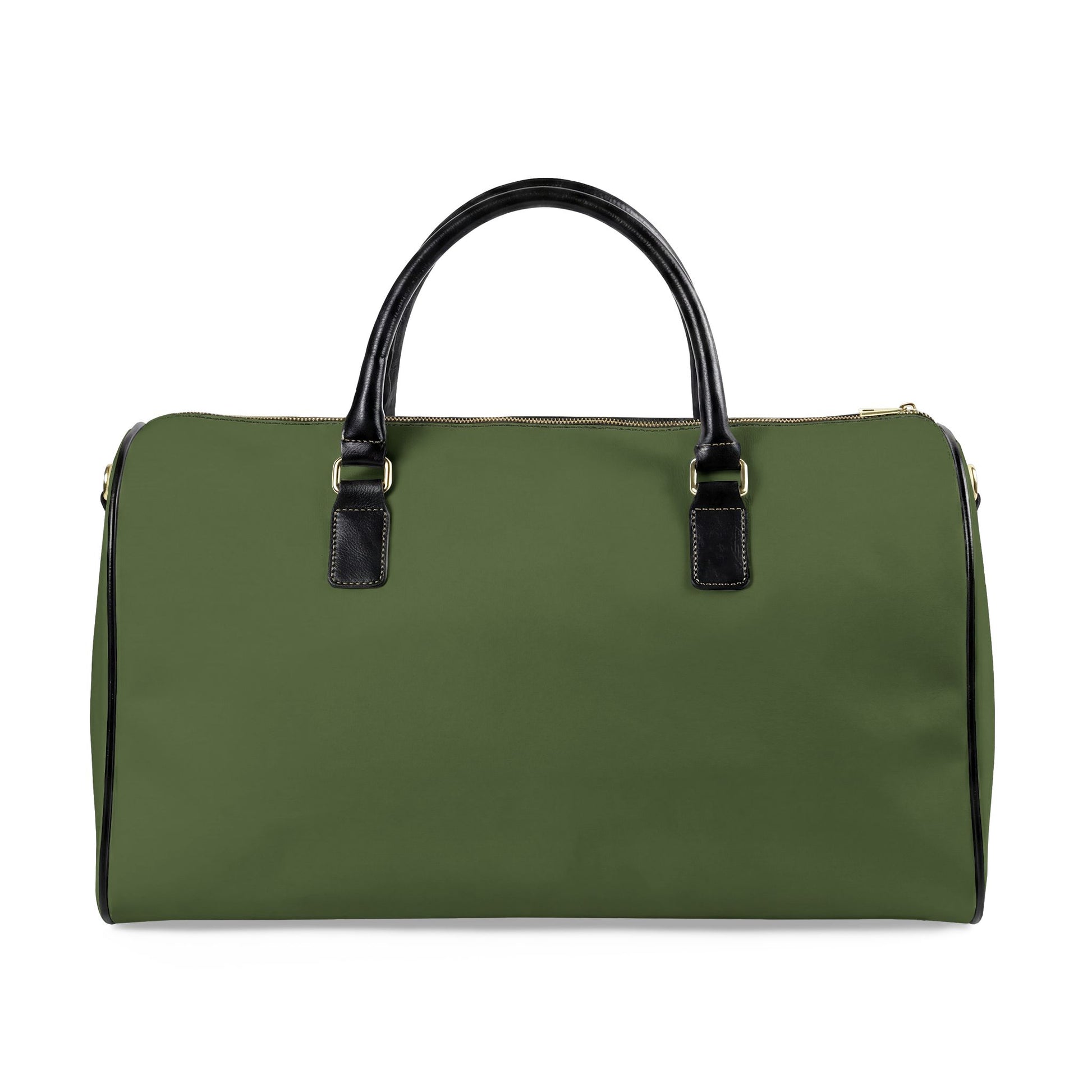 Green duffel bag with black handles on a white background