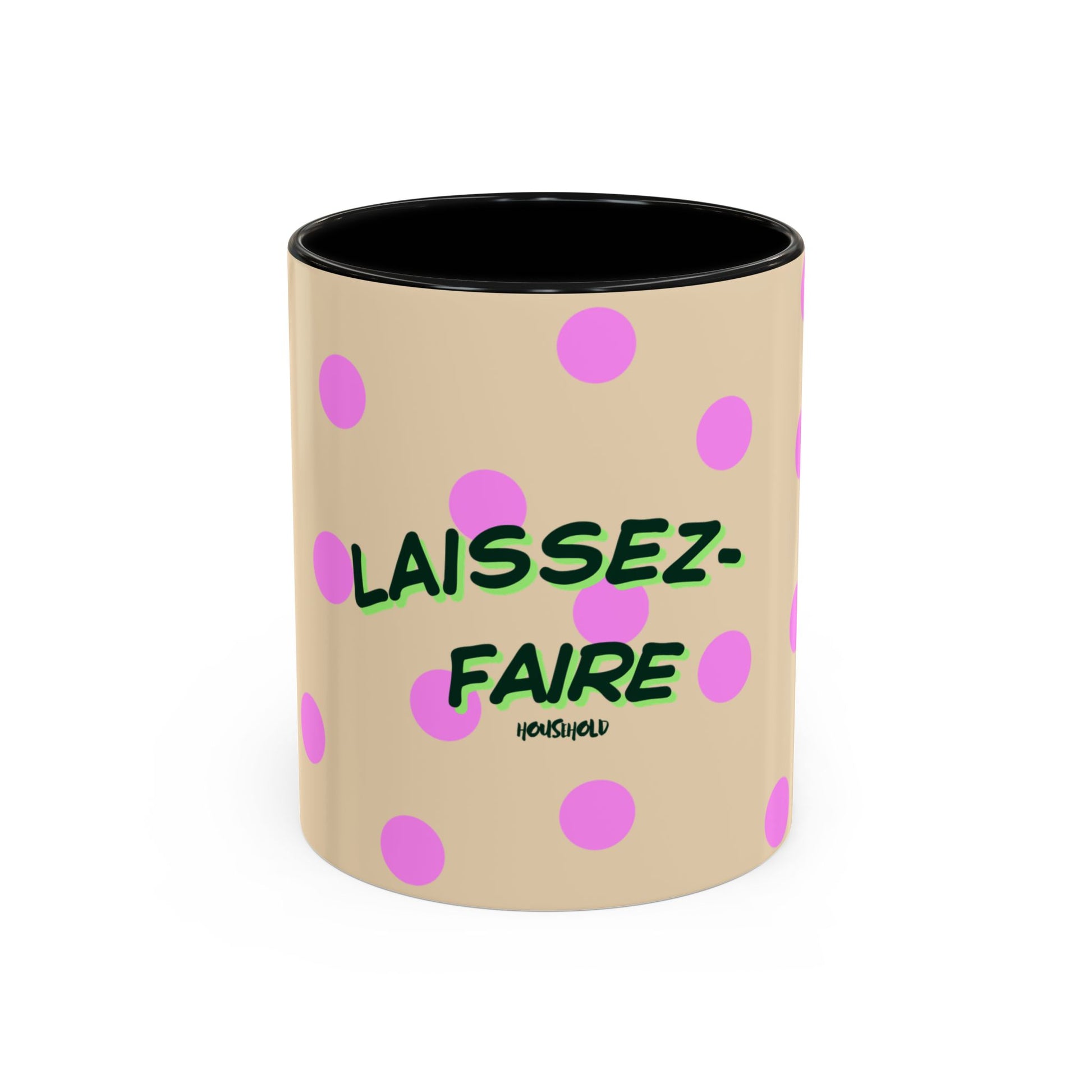 Beige mug with pink polka dots and green text on a white background